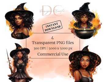 4 PNG-häxclipart, svart flicka Halloween, afroamerikanska illustrationer, svart clipart, tumbler, sublimering för planerare, hög upplösning
