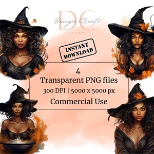 May include: Four digital illustrations of a witch with long black curly hair wearing a black pointed hat with a black and gold trim. The witch is wearing a black dress and has a dark complexion. The background is a watercolor wash of orange and pink.