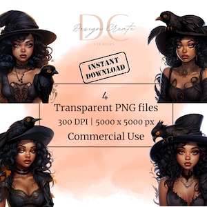 May include: Four digital illustrations of a woman with dark curly hair wearing a black witch hat and a black dress. Each illustration features a different pose and a black raven perched on her hat or shoulder. The illustrations are set against a peach-colored background.