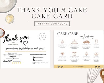 Cake Care Card Template, Cake Business Thank You Cards, Cake Business Coupon, Packaging Inserts, Editable Template, Cake Care Guide, Canva