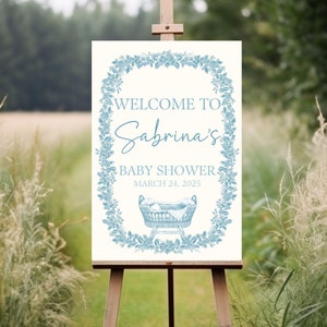 Floral Toile Baby Shower Welcome Sign, Welcome Baby Sign for Boy Baby Sprinkle, Blue Chinoiserie, Custom Baby Boy Baby Shower Entrance Sign