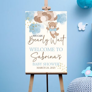 Pink Brown Bear Balloon Baby Shower Welcome Sign, We Can Bearly Wait Baby Shower Poster, BluE Boho Bear Boy Baby Shower Decor Entrance Sign