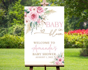 Baby Shower Welcome Sign, Baby in Bloom Sign, Personalized Floral Baby Shower Entrance Sign
