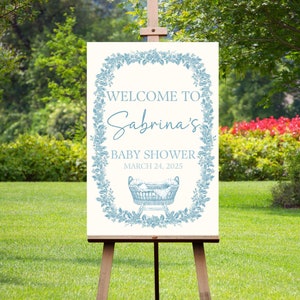 Floral Toile Baby Shower Welcome Sign, Welcome Baby Sign for Boy Baby Sprinkle, Blue Chinoiserie, Custom Baby Boy Baby Shower Entrance Sign