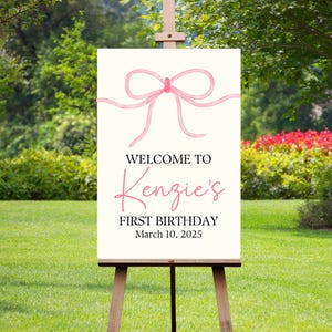 Pink Bow Welcome Sign, Pink Bow 1st Birthday Entrance Sign, Minimalist Pink Watercolor Ribbon 1st Birthday Welcome Sign Banner for birthday