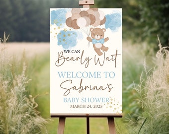 Pink Brown Bear Balloon Baby Shower Welcome Sign, We Can Bearly Wait Baby Shower Poster, BluE Boho Bear Boy Baby Shower Decor Entrance Sign