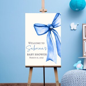 Blue Bow Baby Shower Welcome Sign, Personalize Boy Baby Shower Decor, Coquette Blue Baby Shower Decorations, Baby shower Boy Entrance Sign