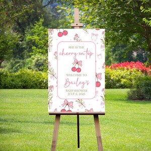 Cherry Baby Shower Welcome Sign, Cherry on top Welcome Poster, Coquette Pink Bow Berries, Girl Baby Shower, printed or digital baby shower