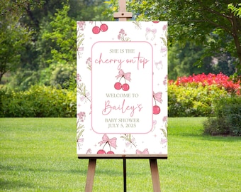 Cherry Baby Shower Welcome Sign, Cherry on top Welcome Poster, Coquette Pink Bow Berries, Girl Baby Shower, printed or digital baby shower