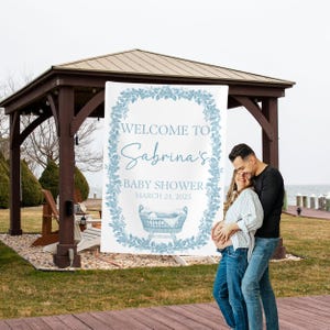 Floral Toile Baby Shower Welcome Sign: Blue Chinoiserie Banner