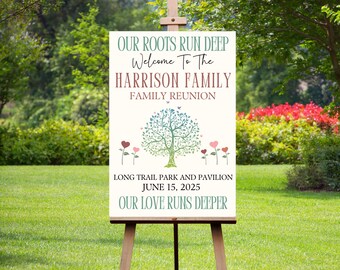 Family Reunion Welcome Sign, Family Tree Sign Family Reunion Decor, Our Roots Run Deep Our Love Run Deeper Entrance Poster, Custom Family