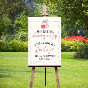 Cherry Baby Shower Welcome Sign, Cherry on top Welcome Poster, Coquette Pink Bow Berries, Girl Baby Shower, printed or digital baby shower