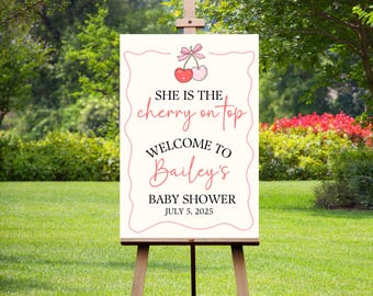 Cherry Baby Shower Welcome Sign, Cherry on top Welcome Poster, Coquette Pink Bow Berries, Girl Baby Shower, printed or digital baby shower