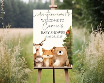 Forest Baby Shower Welcome sign, Adventure Awaits Woodland Baby shower welcome, Baby Items baby shower welcome sign, Forest Garden woodland