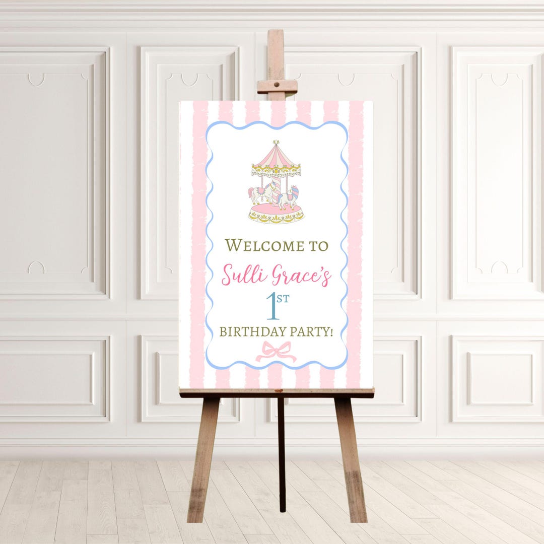 Pink Carousel First Birthday Welcome Sign, Carousel Birthday Party ...