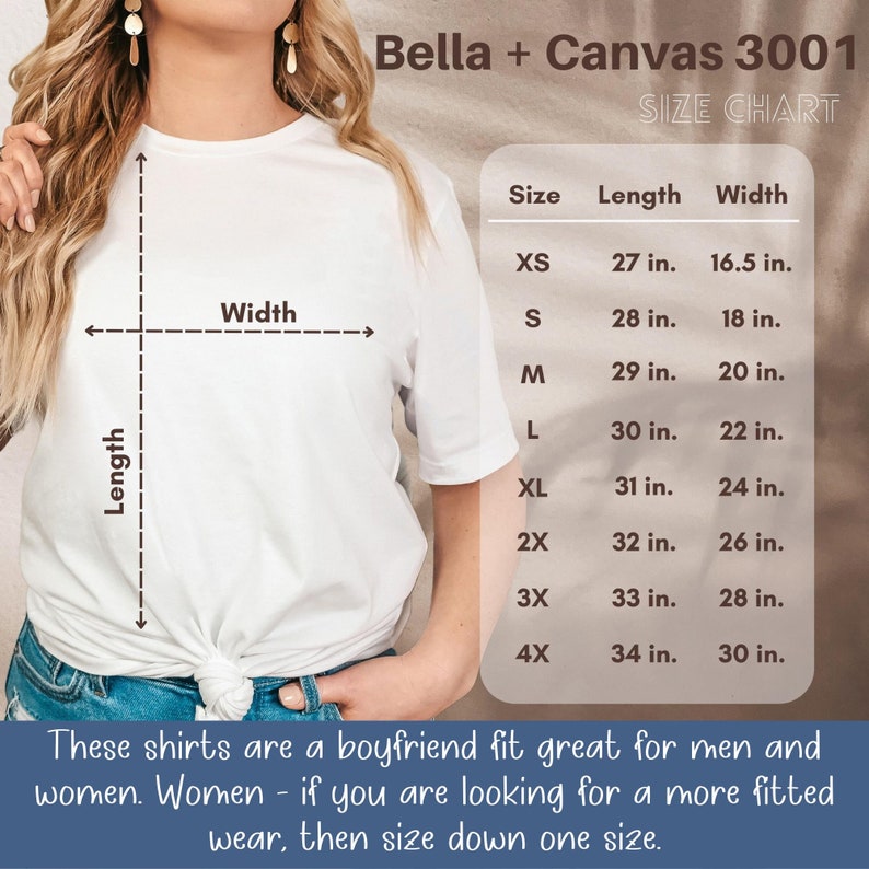 May include: Size chart for Bella + Canvas 3001 t-shirts. The chart shows measurements in inches for sizes XS to 4X. The chart includes length and width measurements.
