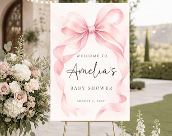 Plantilla editable de cartel de bienvenida para baby shower con lazo rosa, cartel de baby shower Coquette Canva, descarga digital instantánea de decoración para baby shower de niña