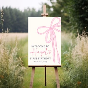 Pink Bow Welcome Sign, Pink Bow 1st Birthday Entrance Sign, Minimalist Pink Watercolor Ribbon 1st Birthday Welcome Sign Banner for birthday