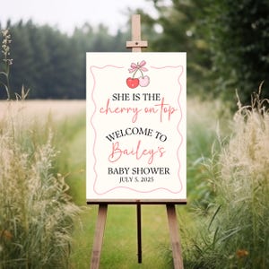 Cherry Baby Shower Welcome Sign, Cherry on top Welcome Poster, Coquette Pink Bow Berries, Girl Baby Shower, printed or digital baby shower