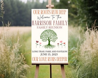 Family Reunion Welcome Sign, Family Tree Sign Family Reunion Decor, Our Roots Run Deep Our Love Run Deeper Entrance Poster, Custom Family