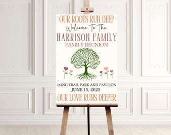 Family Reunion Welcome Sign, Family Tree Sign Family Reunion Decor, Our Roots Run Deep Our Love Run Deeper Entrance Poster, Custom Family