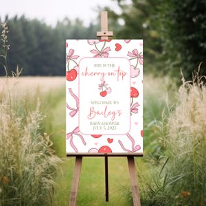 Cherry Baby Shower Welcome Sign, Cherry on top Welcome Poster, Coquette Pink Bow Berries, Girl Baby Shower, printed or digital baby shower