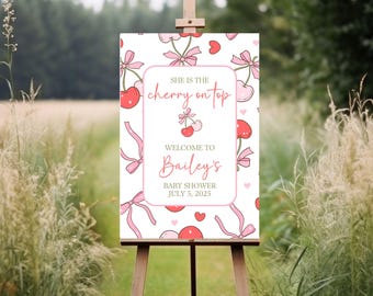 Cherry Baby Shower Welcome Sign, Cherry on top Welcome Poster, Coquette Pink Bow Berries, Girl Baby Shower, printed or digital baby shower