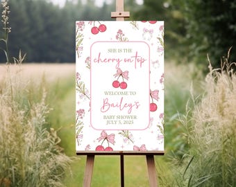 Cherry Baby Shower Welcome Sign, Cherry on top Welcome Poster, Coquette Pink Bow Berries, Girl Baby Shower, printed or digital baby shower