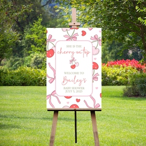 Cherry Baby Shower Welcome Sign, Cherry on top Welcome Poster, Coquette Pink Bow Berries, Girl Baby Shower, printed or digital baby shower