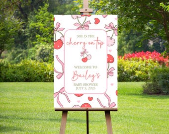 Cherry Baby Shower Welcome Sign, Cherry on top Welcome Poster, Coquette Pink Bow Berries, Girl Baby Shower, printed or digital baby shower