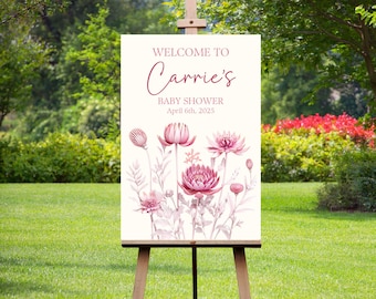 Wildflower Baby Girl Shower Welcome Sign, Floral Pink Entrance Sign, Baby In Bloom Baby Shower Signage,Personalize Baby Shower Custom Poster