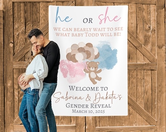 DASHAN 7x5ft Gender Reveal Party Backdrop Boy Or Girl Photo Backdrop Baby Bear With Balloons Leaves Backdrop Banner For Photography Gender Reveal Background Decorations Photo Booth Prop - View #10