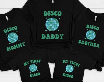 Camiseta familiar a juego para mi primer cumpleaños disco, camiseta de fiesta de cumpleaños para niño con temática retro disco para el primer cumpleaños, conjunto retro disco para el primer cumpleaños (camiseta para mamá y papá)