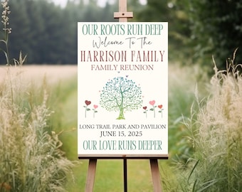 Family Reunion Welcome Sign, Family Tree Sign Family Reunion Decor, Our Roots Run Deep Our Love Run Deeper Entrance Poster, Custom Family