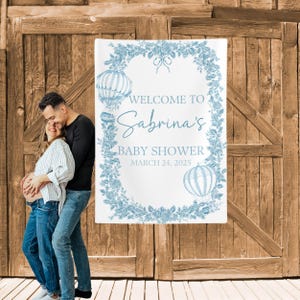 Floral Toile Baby Shower Welcome Sign Banner, Backdrop for Baby Sprinkle, Blue Chinoiserie Custom Name Sign, Baby Boy Welcome Sign for Baby