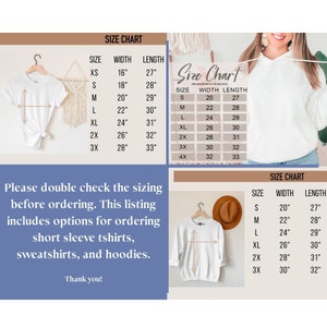 May include: Size chart for short sleeve t-shirts, sweatshirts, and hoodies. The chart shows sizes XS through 3X with corresponding width and length measurements in inches.