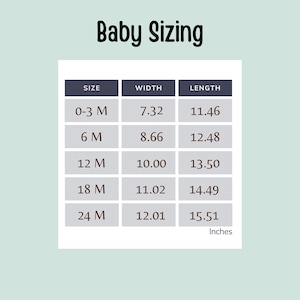 May include: A chart showing baby sizing in inches. The chart lists sizes from 0-3 months to 24 months, with corresponding width and length measurements.
