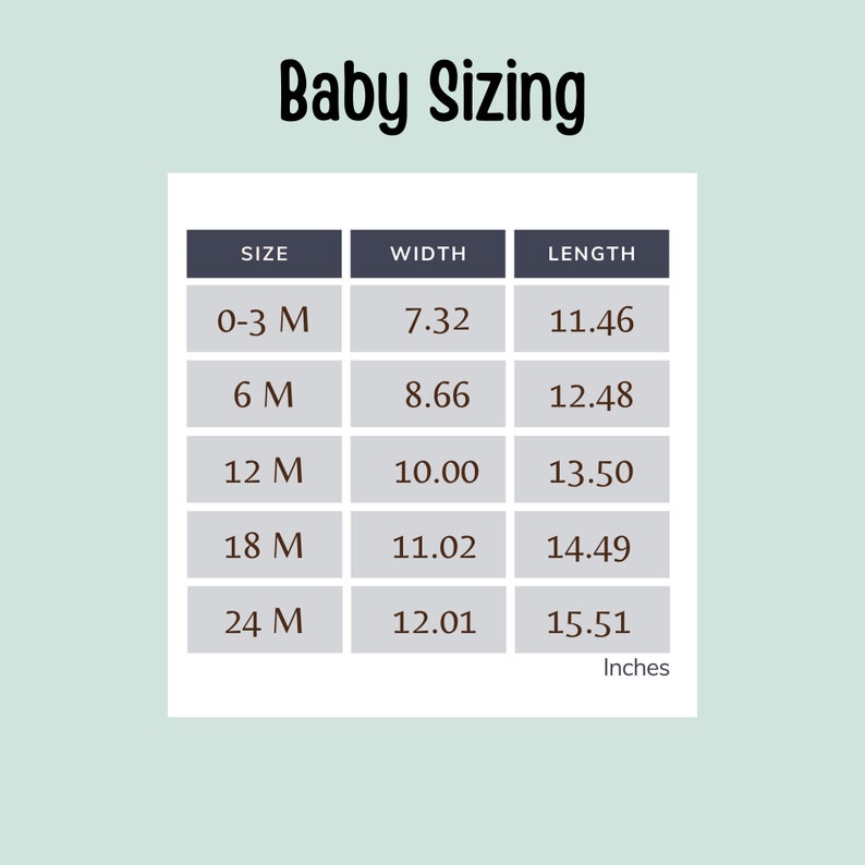 May include: A chart showing baby sizing in inches. The chart lists sizes from 0-3 months to 24 months, with corresponding width and length measurements.