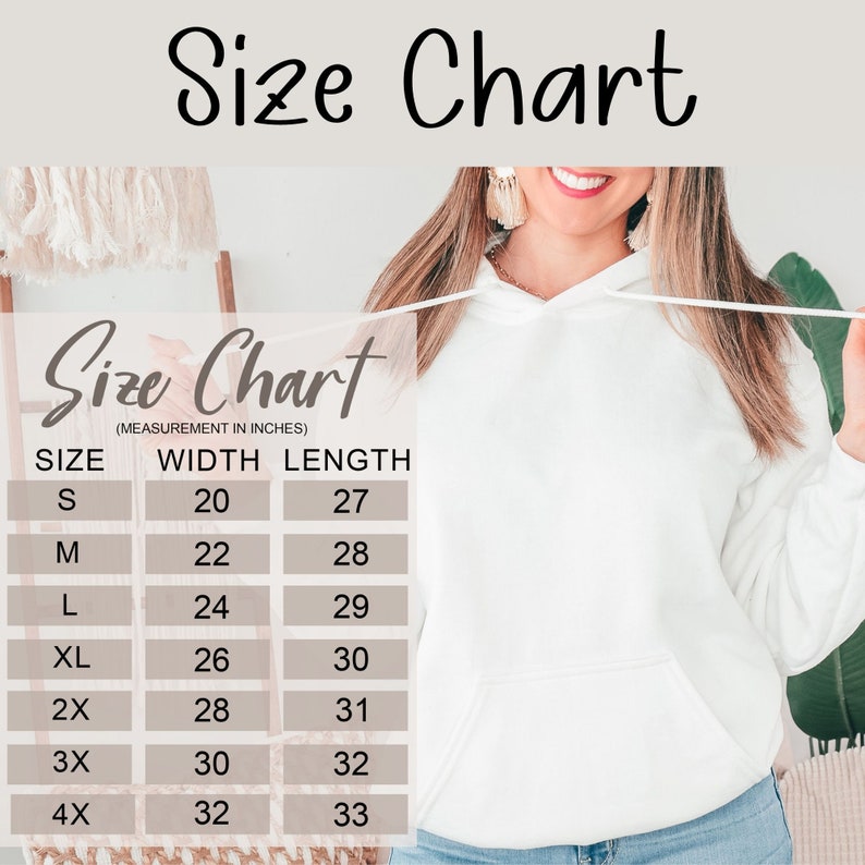 May include: Size chart for a hoodie, showing width and length measurements in inches for sizes S through 4X.