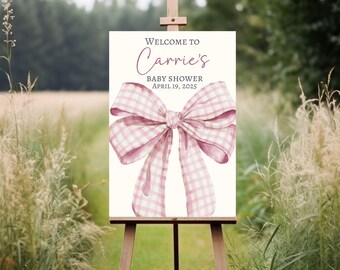 Pink Bow Baby Shower Welcome Sign, Coquette Baby Shower Custom Sign, Plaid Watercolor Bow Welcome Poster, Printed Baby girl baby shower sign