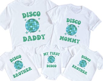 Camiseta familiar a juego para mi primer cumpleaños disco, camiseta de fiesta de cumpleaños para niño con temática retro disco para el primer cumpleaños, conjunto retro disco para el primer cumpleaños (camiseta para mamá y papá)