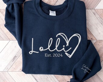 Custom Embroidered Lolli Sweatshirt, Lolli to be Sweatshirt, Lolli Sweater with Kids on Sleeve, Personalized Gift for Nana Grandma new baby