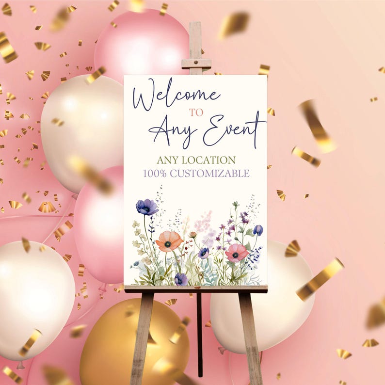 Puede incluir: Se&ntilde;al de bienvenida a cualquier evento con un dise&ntilde;o floral con flores rosas, moradas y azules sobre un fondo blanco. La se&ntilde;al est&aacute; en un caballete y es 100% personalizable.