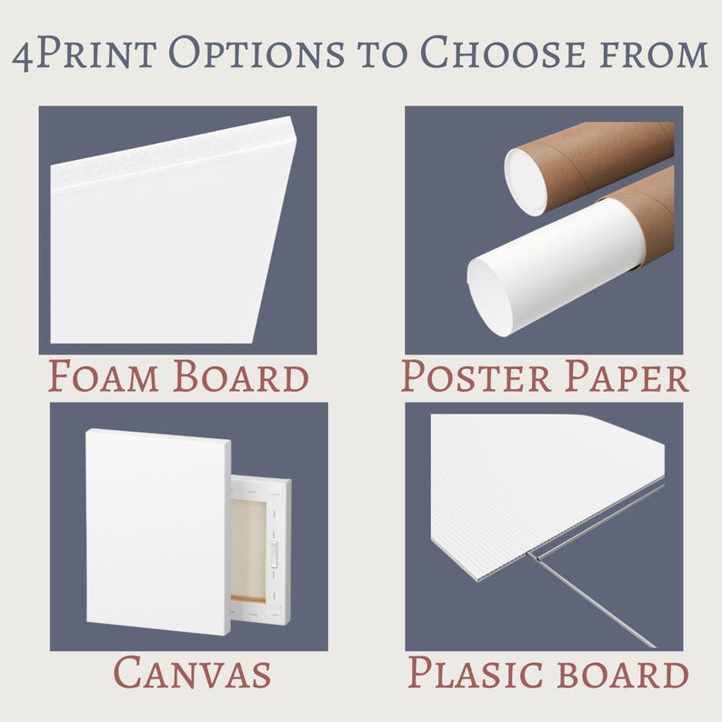 Puede incluir: Cuatro opciones de impresi&oacute;n para elegir: tablero de espuma, papel de p&oacute;ster, lienzo y tablero de pl&aacute;stico. Cada opci&oacute;n se muestra como un rect&aacute;ngulo blanco con una textura diferente.