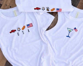 America Embroidered Baby Tee, USA Memorial Day Crop Tank, USA Flag July 4th Crop, Womens 1776 July Patriotic Shirt, Womens July 4th tshirts