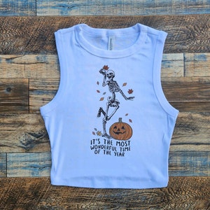 Halloween Best Time Year Crop Tank, Fall Pumpkin Skelton Crop, Leaves Autumn Skeleton tee, Womens Fall tshirt, Fall leaves Pumpkins Baby Tee