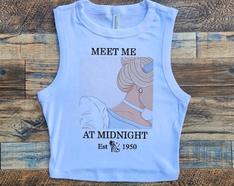 Camiseta "Nos vemos a medianoche", Camiseta corta "Cinderella and Co.", Zapatilla de cristal mágica para mujer, Vestido azul "Paseo en carruaje".