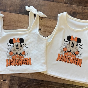 Girls Halloween Crop Tank, Minnie Mickey Halloween Youth Crop Tank , lightweight mummy scary shirt, Scary Spooky food crop top
