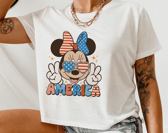 Top corto Disney del 4 luglio, maglietta Disney rossa, bianca e blu, top da donna Disney americano, maglietta patriottica di Topolino, rossa, bianca e blu