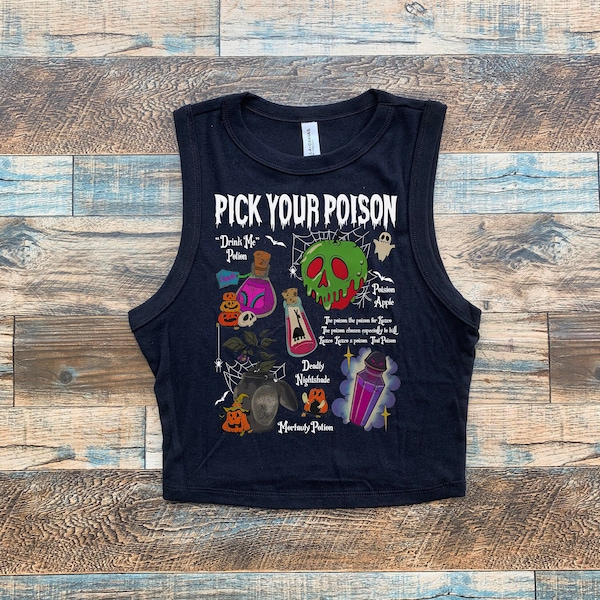 Pick Poison Villain Crop Tank, Kuzco llama, Evil Queen baby tee, Nightmare before Christmas, Alice Drink Me potion black